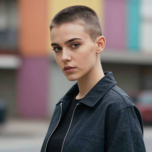 Photograph of a young woman with a close-cropped, shaved haircut, wearing a black denim jacket, standing outdoors with a colorful, blurred urban background