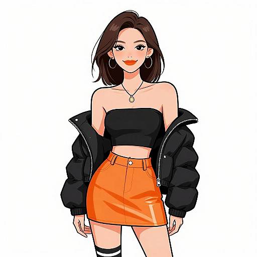 Digital illustration of a confident woman with fair skin, dark brown hair, red lipstick, black strapless crop top, orange high-waisted skirt,