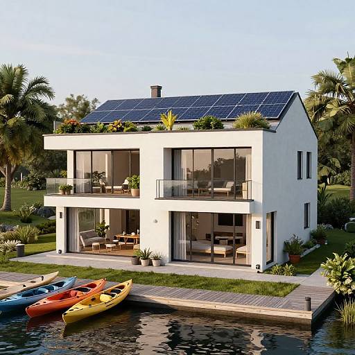 Modern white two-story house with solar panels, large windows, kayaks by the dock, and lush greenery. Bright, sunny day. Photoreal