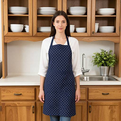 Woman in Navy Polka-Dot Apron in Cozy Kitchen