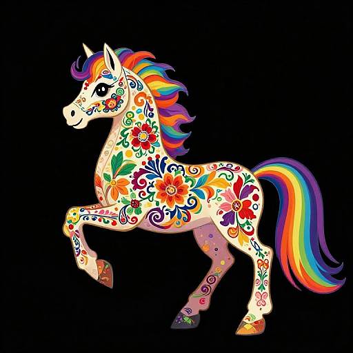Vibrant digital illustration of a white unicorn with rainbow mane and tail, adorned with colorful floral and swirl patterns, standing against a black background.
