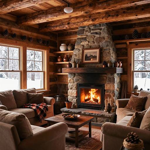 Cozy rustic living room photograph: stone fireplace with burning fire, wooden beams, beige sofas, red plaid blanket, wooden coffee table, snowy winter