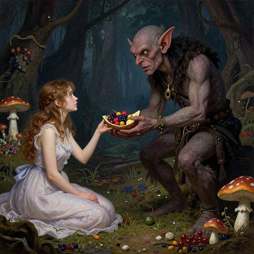 Digital artwork: Fairy tale forest scene with a fair-skinned woman in a white dress, offering a berry-filled bowl to a muscular, gray-skinned