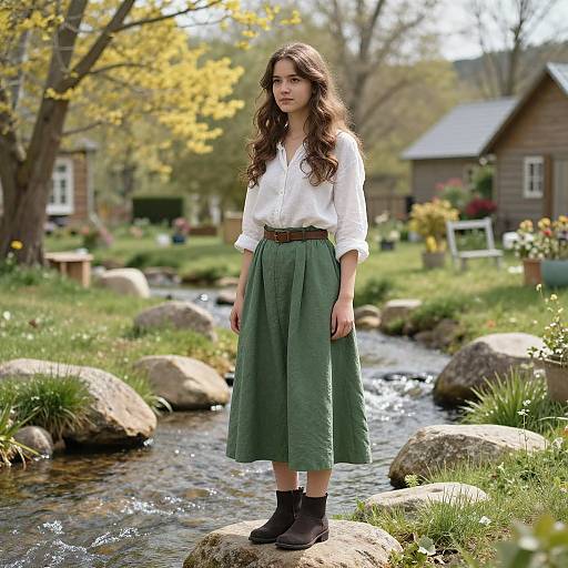 Photograph of a young woman with long brown hair, white blouse, green skirt, brown belt, and black boots, standing on a rock in a