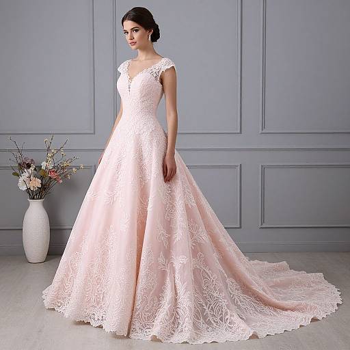 Photograph of a dark-haired woman in an elegant, pink lace wedding gown with a full skirt and trailing train, standing against a gray paneled wall