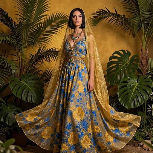 Photograph of a woman in an ornate blue and gold floral dress with a sheer golden dupatta, standing amidst lush tropical plants against a golden textured