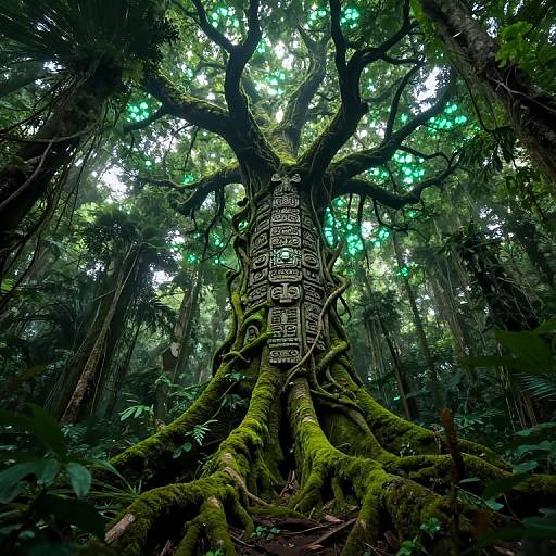 Photograph of a towering, ancient tree with gnarled roots, moss-covered bark, and intricate carvings in a dense, green forest.