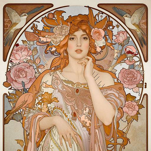 Art Nouveau-style digital illustration of a fair-skinned woman with red hair, floral headpiece, pink roses, and birds, wearing an ornate