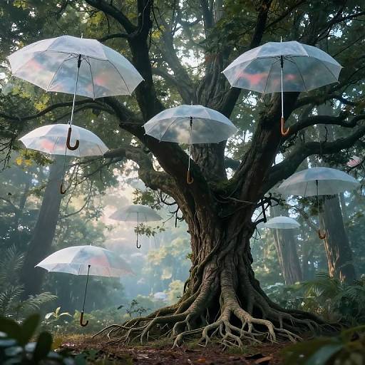 Photograph of a magical forest scene with transparent umbrellas hanging from a large, gnarled tree, sunlight filtering through dense foliage.