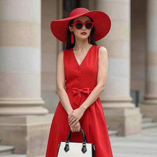 Elegant Woman in Red Dress and Sunhat