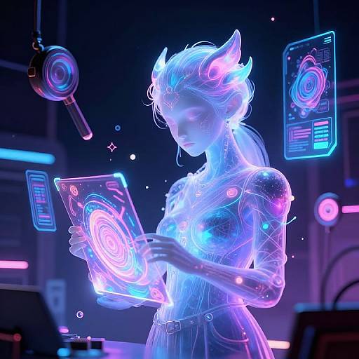 Neon-lit CGI of a glowing, blue-purple, ethereal woman with cat ears, holding holographic tablets, in a futuristic lab setting.