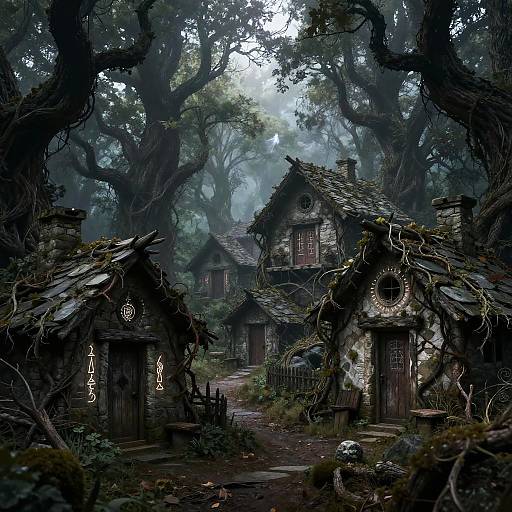 Mysterious, enchanted forest with moss-covered, rustic stone cottages; twisted, ancient trees frame the scene; dim, misty light filters through foliage