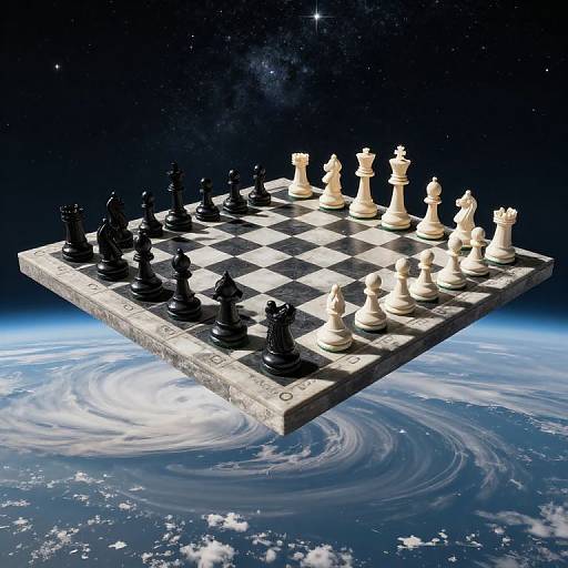 Photograph-style CGI of a floating chessboard with black and white pieces, suspended in outer space above a swirling blue planet.