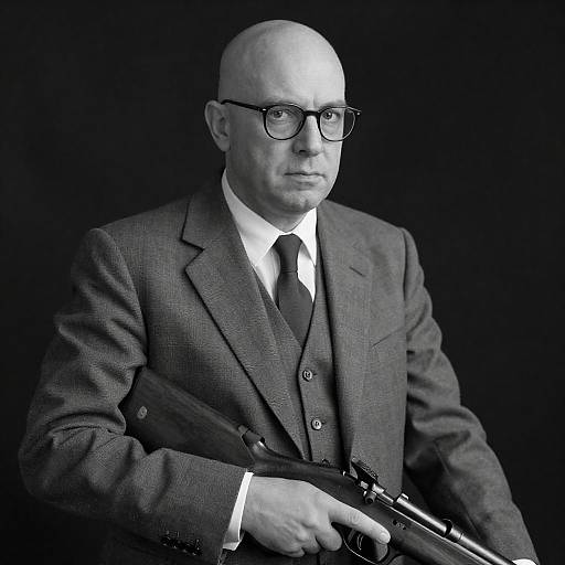 Serious Bald Man in Suit with Rifle