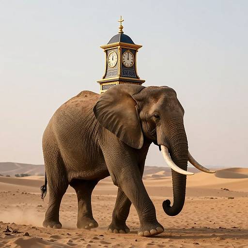 Photograph of a large elephant with a clock tower on its back standing in a sandy desert landscape under a clear blue sky.