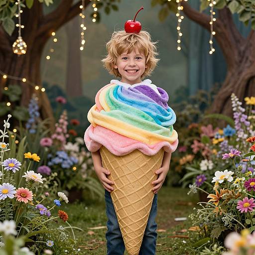 Photograph of a smiling blonde boy with curly hair, wearing a rainbow swirled ice cream cone with a cherry on top, standing in a colorful