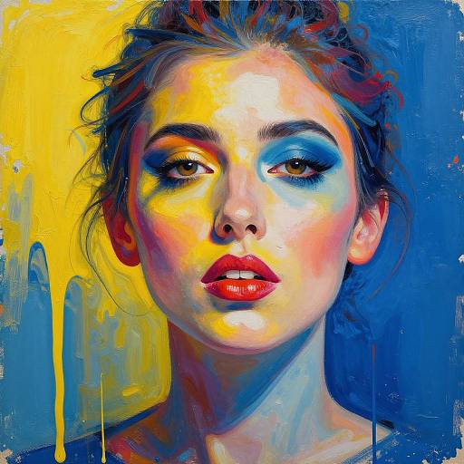 Vibrant oil painting of a woman with red lips, blue and yellow face, dark hair, intense eyes, against a blue background.