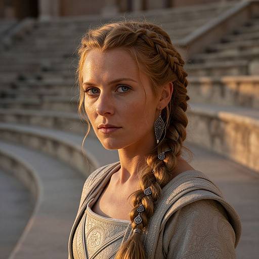 Photograph of a blonde woman with braided hair, wearing a silver, intricately patterned medieval dress, standing in a sunlit, ancient amph