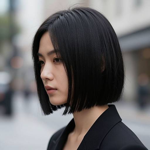 Photograph of an Asian woman with a sleek, straight black bob haircut, wearing a black top, in a blurred urban street background.