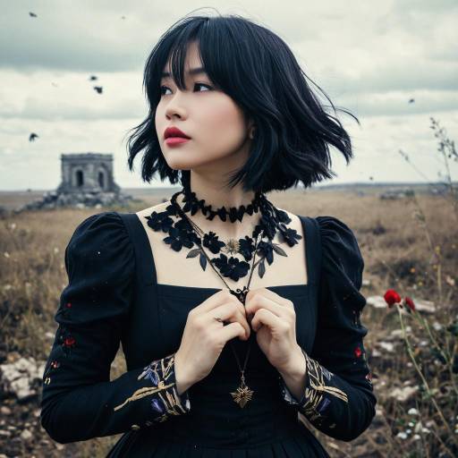 Woman in Black Dress with Floral Necklace in Battlefield