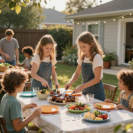 Twins Serving Barbecue at Outdoor Family Gathering