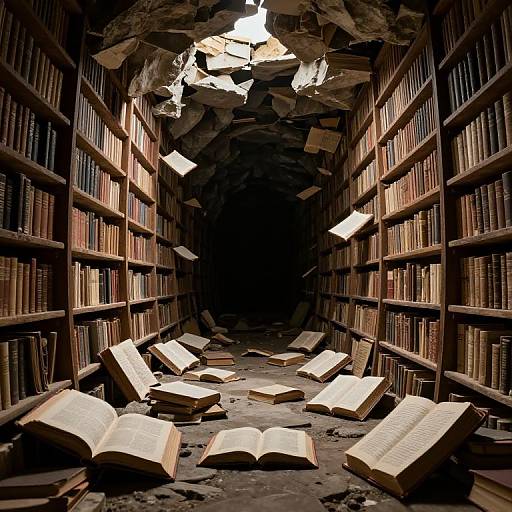 Photograph of a dark, bookshelf-lined library with books falling from the ceiling, scattered on the floor, creating a chaotic, dramatic scene.
