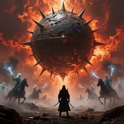 Digital fantasy artwork of a silhouetted warrior facing a massive, fiery, spiked sphere with mounted warriors wielding blue magical flames.