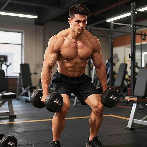 Muscular man lifting dumbbells in gym