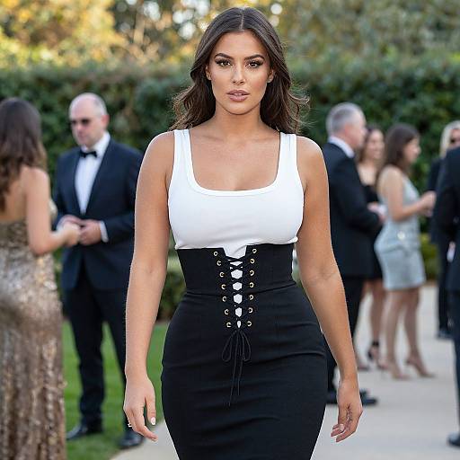 Photograph of a confident woman with long dark hair, wearing a white square-neck top and black lace-up skirt, walking outdoors at a formal event with