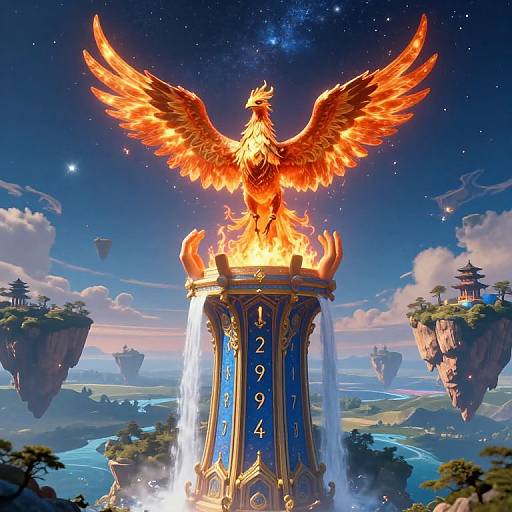 Digital fantasy artwork: radiant, fiery phoenix with outstretched wings stands atop a glowing, blue and gold pillar, surrounded by floating islands and starry