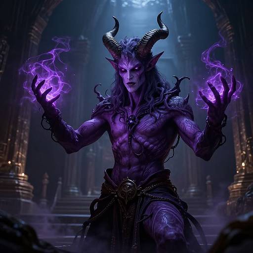 Digital art of a muscular, horned demon with glowing purple flames in his hands, standing in a dark, ancient cathedral.
