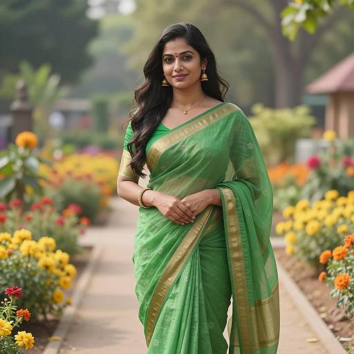 Indian Woman in Green Saree in Flower Garden