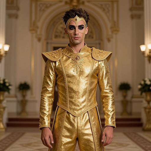 Photograph of a male model in an opulent, gold, ornate medieval-style outfit with intricate embroidery, standing in a grand, luxurious hall with