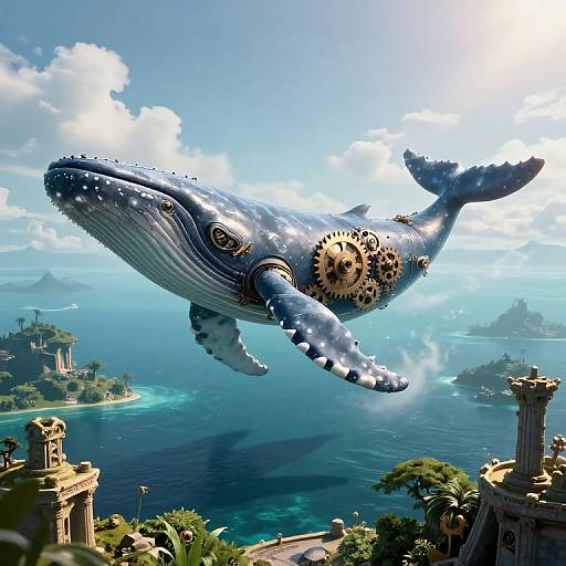 Fantasy illustration of a steampunk blue whale with gears flying over a tropical island archipelago with ancient ruins and clear blue skies.