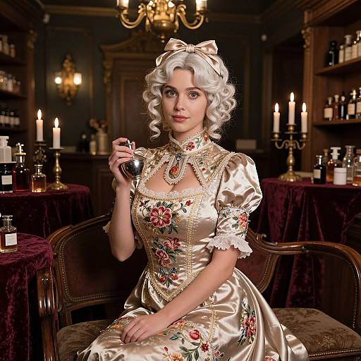 Photorealistic digital portrait of a white-haired woman in an ornate, floral satin dress, holding a wine glass in a dimly lit, vintage