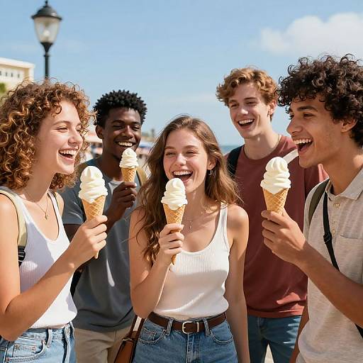 Photograph of five diverse, smiling teenagers with curly and straight hair, eating ice cream cones outdoors on a sunny day.