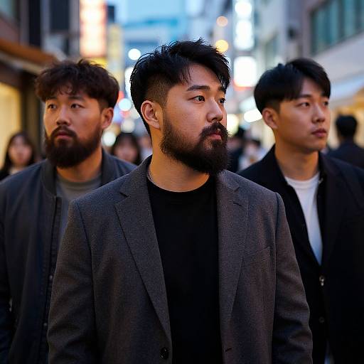 Photograph of three Asian men with beards, wearing dark clothes, standing in a bustling urban street at night, with blurred city lights in the background