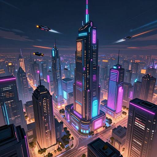 CGI digital art of a neon-lit, futuristic cityscape at night. Tall skyscrapers with vibrant purple, blue, and pink lights surround