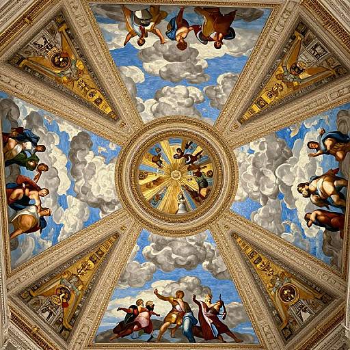 Baroque-style fresco ceiling with vibrant angels and gods, golden sunburst in center, surrounded by detailed clouds and ornate architectural elements.