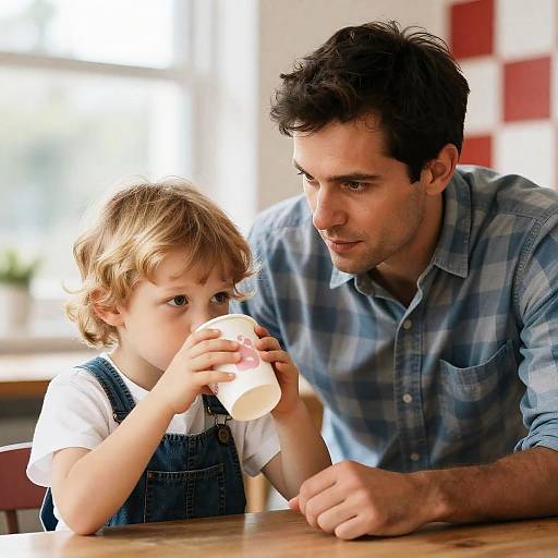 Father Watching Son Drink at Table