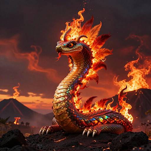Digital art of a fiery, multicolored, serpent-like dragon with glowing scales, set against a volcanic landscape with erupting mountains and blazing sky.