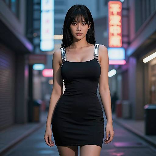 Photograph of an Asian woman with long black hair in a tight black dress, standing confidently in a neon-lit, urban alleyway at night.