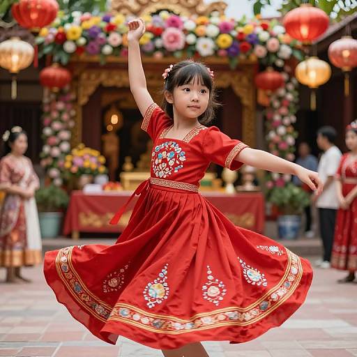 Photograph of an Asian girl in a vibrant red dress with white floral patterns, dancing in a festive outdoor setting with colorful lanterns and flowers.