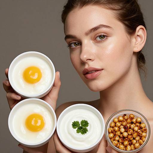 Photograph of a fair-skinned, brown-haired woman with natural makeup, holding three white bowls: eggs, egg yolk, parsley, and chick