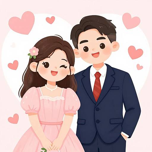 Digital anime-style drawing of a cute couple: a smiling girl in a pink dress and a boy in a navy suit with a red tie, surrounded by