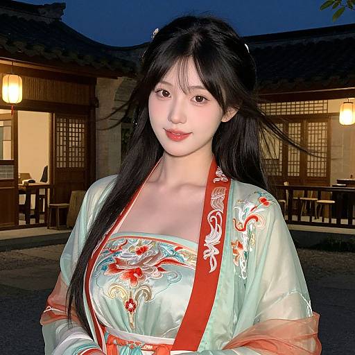 Photograph of an East Asian woman with long black hair, wearing a light green, red-embroidered traditional kimono, standing in front of