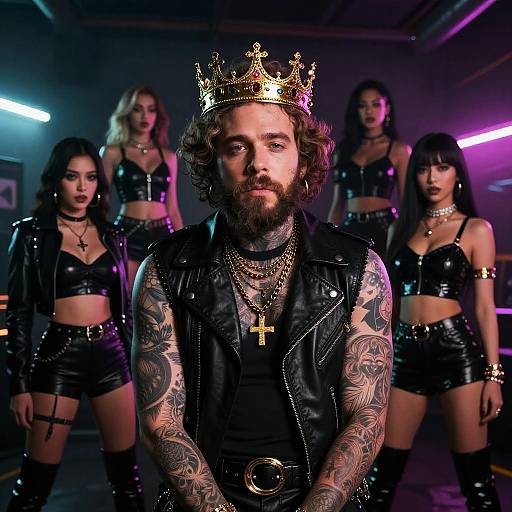 Photograph of a tattooed, bearded man with a gold crown, black leather vest, and cross necklace, surrounded by four women in black latex