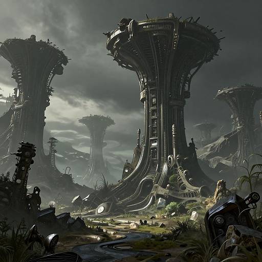 Digital sci-fi artwork of a dark, overgrown futuristic cityscape with towering, organic, metallic structures under a cloudy, moonlit sky.