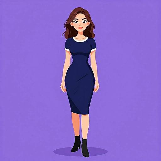 Digital illustration of a woman with wavy brown hair, wearing a navy blue dress, black ankle boots, and standing against a solid purple background.
