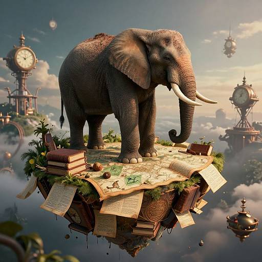 Fantastical CGI: Giant gray elephant standing on a floating, parchment-covered island with books, plants, and clock towers in a cloudy sky.